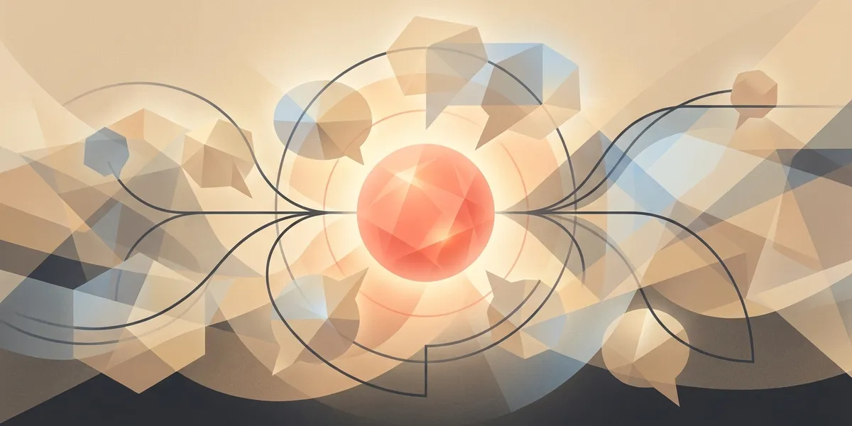 Abstract visualization of multiple interconnected thought bubbles representing AI's internal society of thought and diverse reasoning perspectives