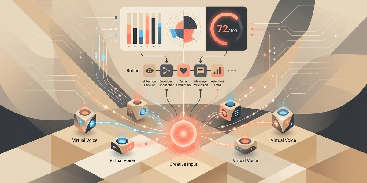 Abstract visualization of AI-powered creative evaluation with rubric scoring