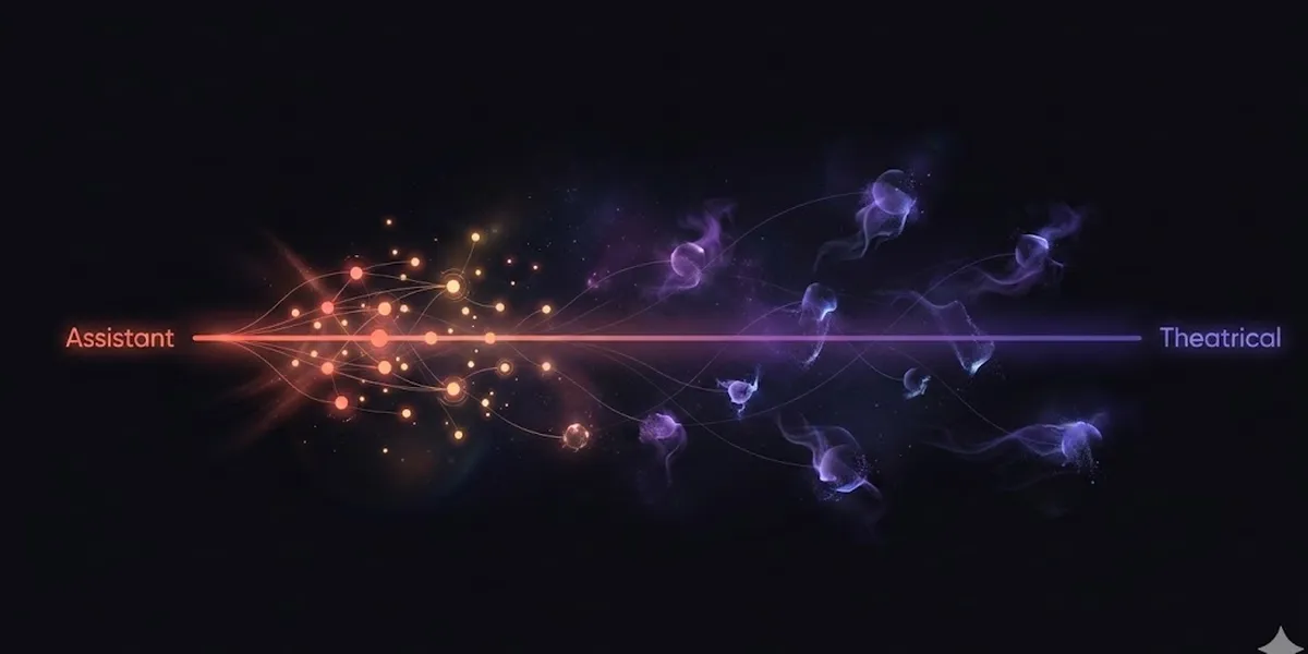 Abstract visualization of AI persona space with an axis running through character archetypes