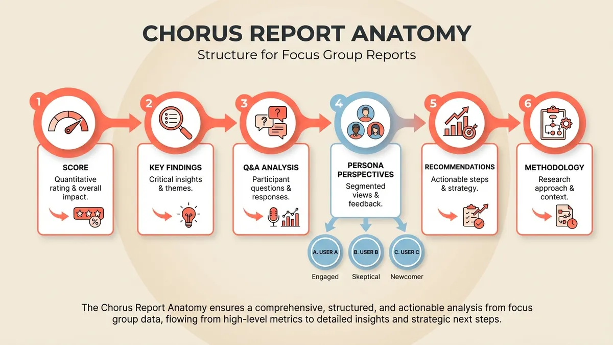 The anatomy of a Chorus Focus Group report showing 6 key components